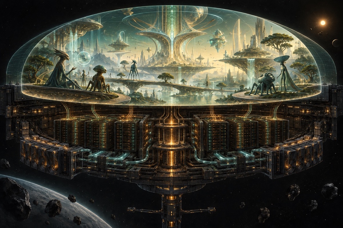 A non-human civilization inhabits a luminous virtual landscape supported by finite servers, cooling systems, and energy infrastructure in space.